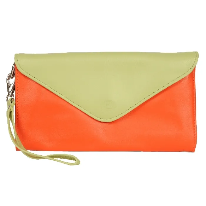 Frandi Pochette cuir orange et vert bicolore ->Femme Pochette Cuir