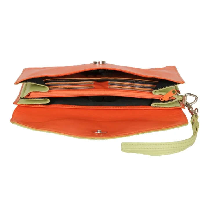 Frandi Pochette cuir orange et vert bicolore ->Femme Pochette Cuir