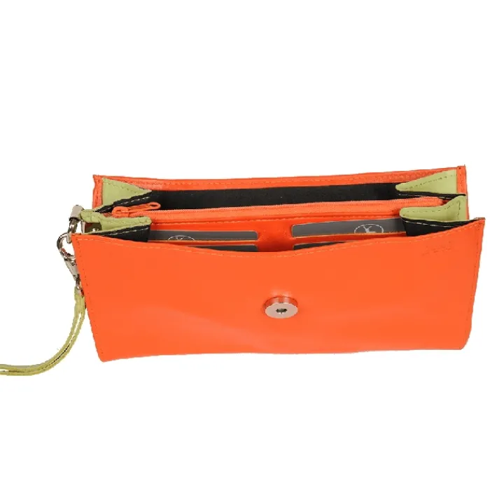 Frandi Pochette cuir orange et vert bicolore ->Femme Pochette Cuir