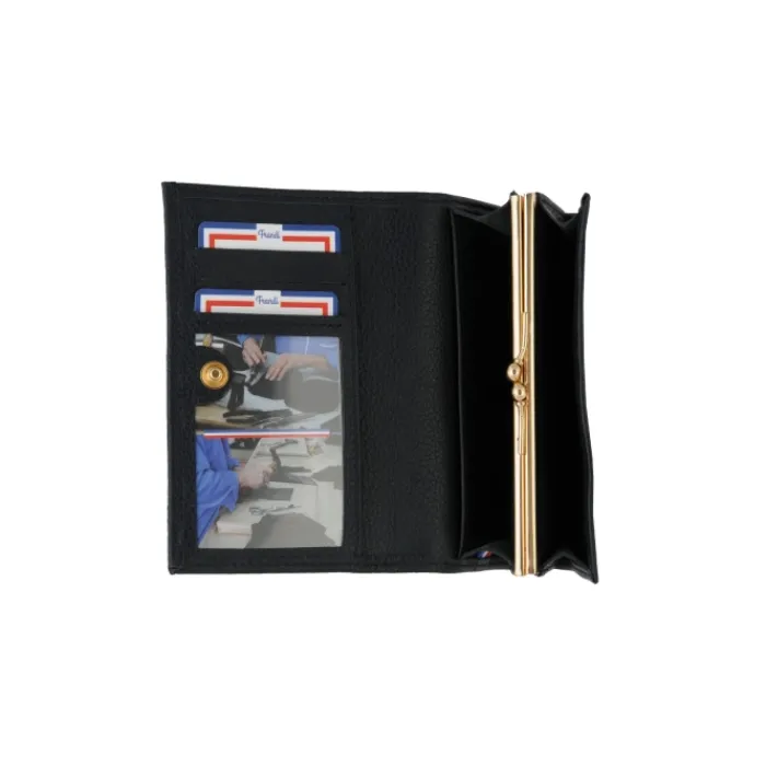 Frandi Porte monnaie femme fermoir en cuir noir - 657>Femme Porte-Monnaie Cuir